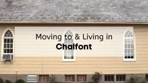 The exterior of a church in Chalfont, with the text, "Moving to & Living in Chalfont," overlaid
